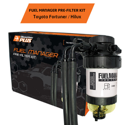 Direction Plus Fortuner and N80 Hilux fuel pre-filter kit from the Fuel Manager Kits series, showing the filter components and packaging.