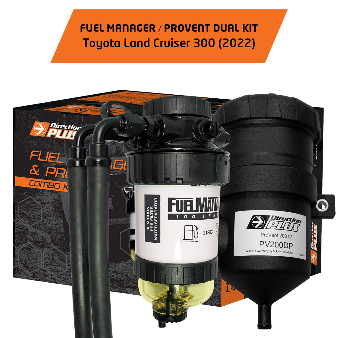 Direction Plus Land Cruiser 300 Series pre-filter and catch can combo kit for fuel system protection and filtration.