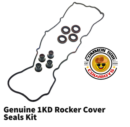 Toyota 1KD rocker cover seals kit with genuine parts, showing close-up of the seals and packaging for engine maintenance.