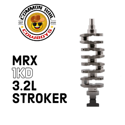 MRX 1KD 3.2L Stroker crankshaft showing detailed metal construction and machining features for engine performance.