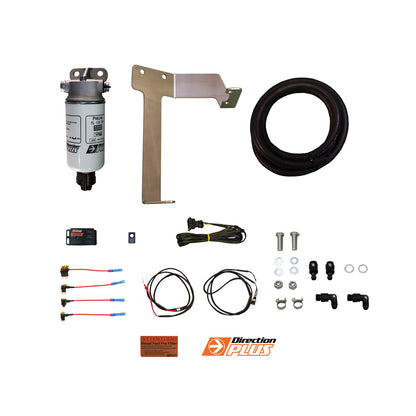 Direction Plus Prado 150 pre-filter and catch can combo with in-cab alarm, part of PreLine dual filter kits, installed in engine bay.